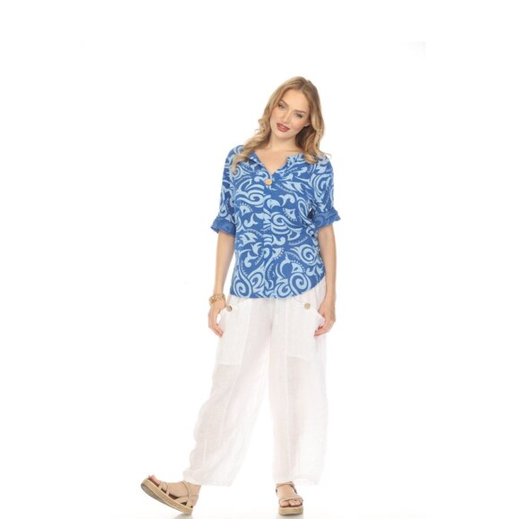 Royal Blue Spiral Print V-Neck Button Detail Top - Picture 3 of 10